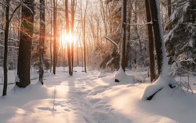 太陽が雪を照らす森の中の雪道