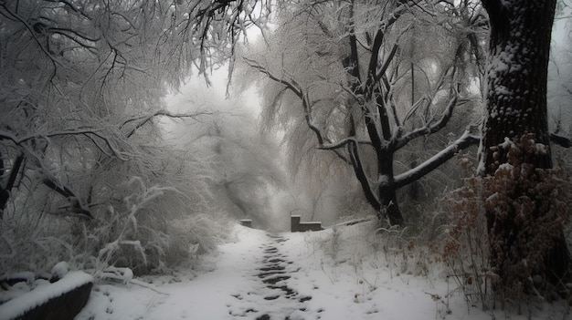 A snowy path in the woods with a tree in the background