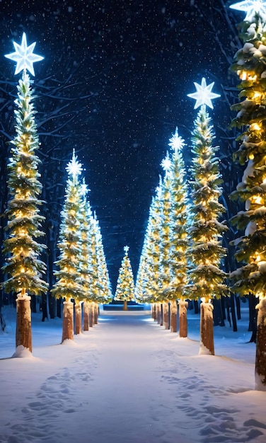 輝くクリスマスツリーが並ぶ雪の小道