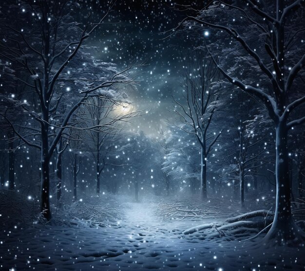 Photo a snowy pathway through a forest at night generative ai