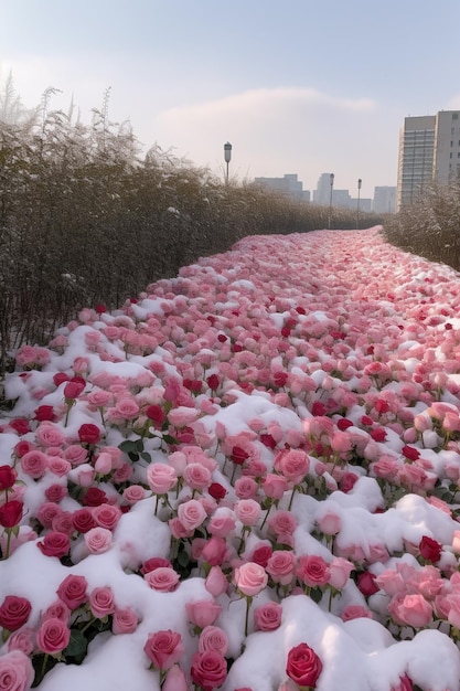 snowy pink roses in a field of snow in a city park generative ai