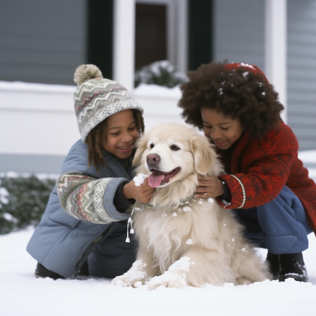 Snowy porch decor with kids snowman pet dog in old christmas photo album hd digital