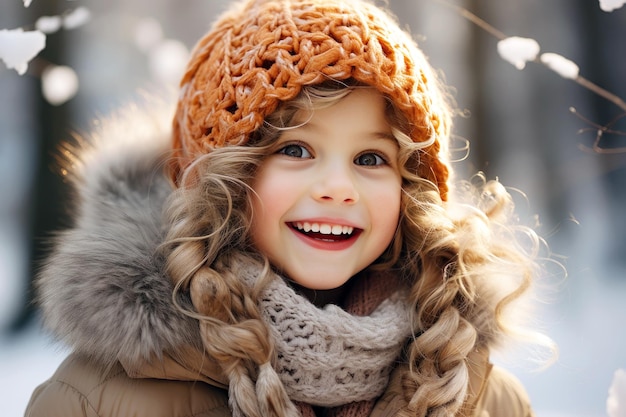 Snowy portrait cute girl in the park