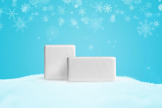 snowy product background for Christmas and winter holiday concept Podiums for your goods on a snow