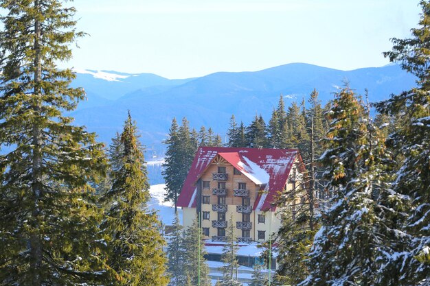 Snowy resort in mountains on winter day