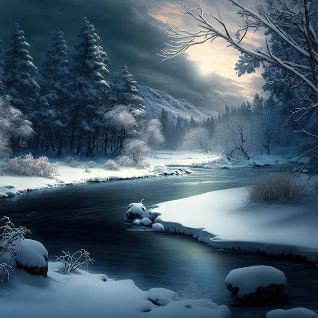 A snowy river in the winter with a snowy landscape and a snowy landscape.