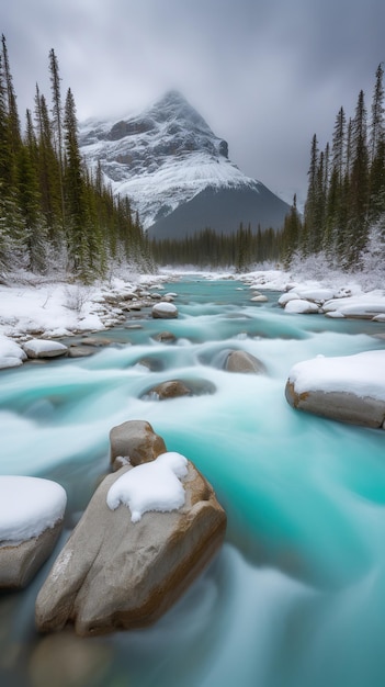 A snowy river with a mountain in the background