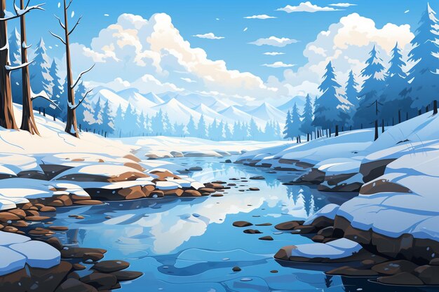 snowy river in the woods with rocks and trees generativ ai