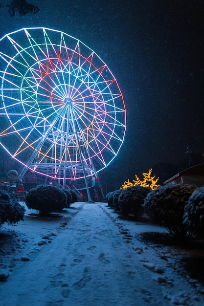 雪の降る夜のウィンターパークで色とりどりの光が降り注ぐ素晴らしい観覧車への雪道。魔法の休日