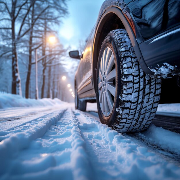 Foto pneumatici per auto da viaggio su strada innevata coperti di neve in inverno per le dimensioni dei post sui social media