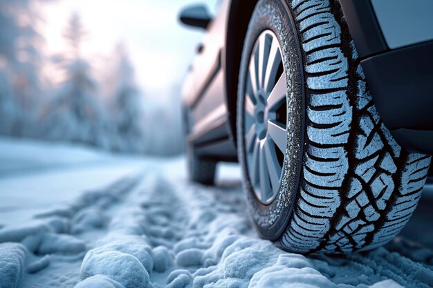 Snowy road journey car tires covered with snow in winter