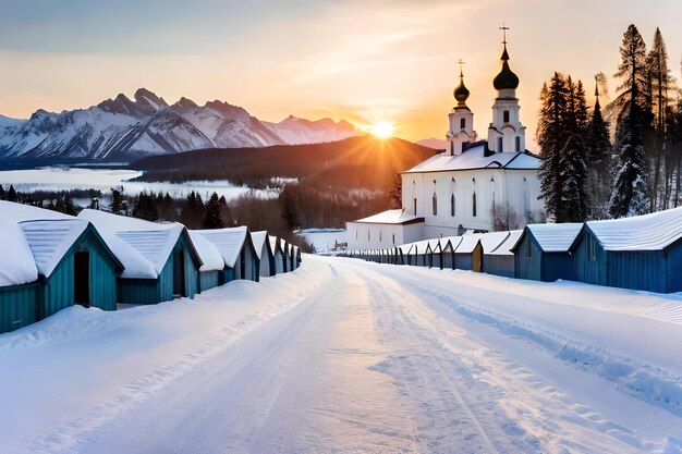 A snowy road leads to a church with the sun setting behind it