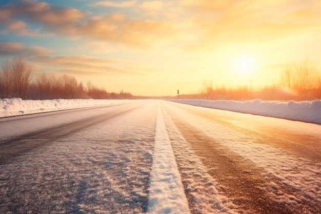 雪が積もった朝の道路は大気に満ちた美しい景色です