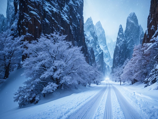 A snowy road in the mountains with a snowy background