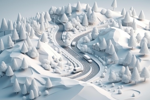 A snowy road with cars on it