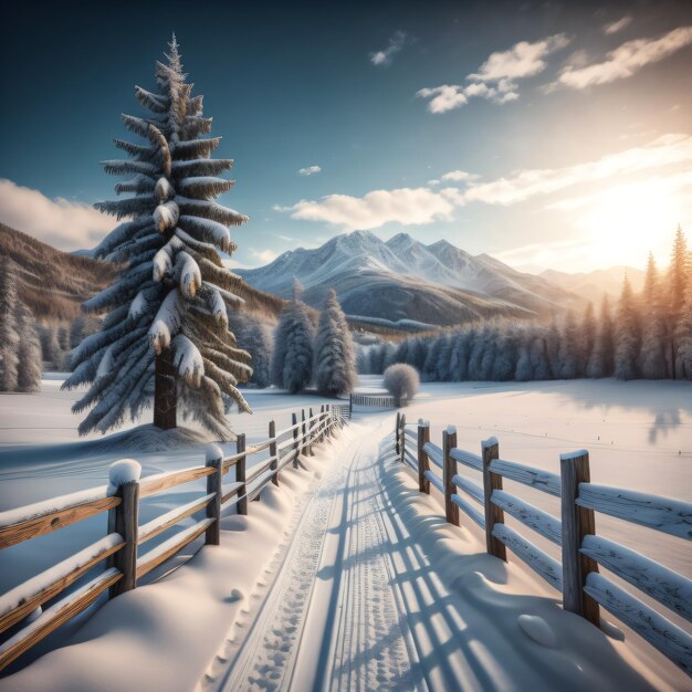 A snowy road with a fence and a fence in the foreground.