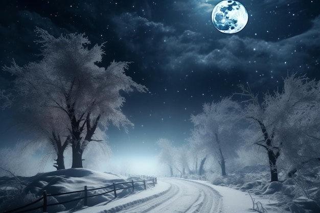 A snowy road with a full moon in the background