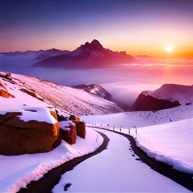 A snowy road with a mountain in the background and the sun is setting.