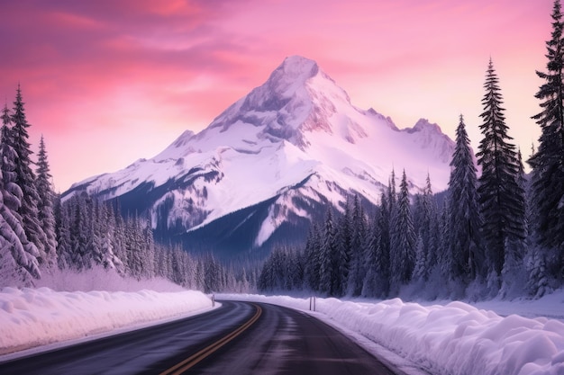 a snowy road with a mountain in the background