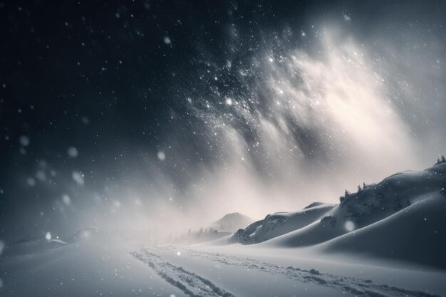 A snowy road with a sky full of stars generative AI