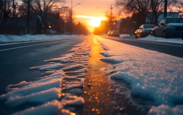 A snowy road with a snow covered road and the sun setting behind it.