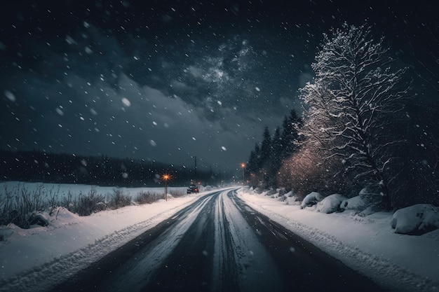 A snowy road with a snowy road and a snowy forest in the background