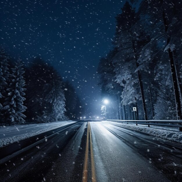 snowy road with a street light and trees in the background generative ai