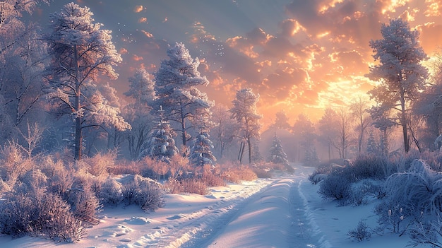 a snowy road with a sunset in the background