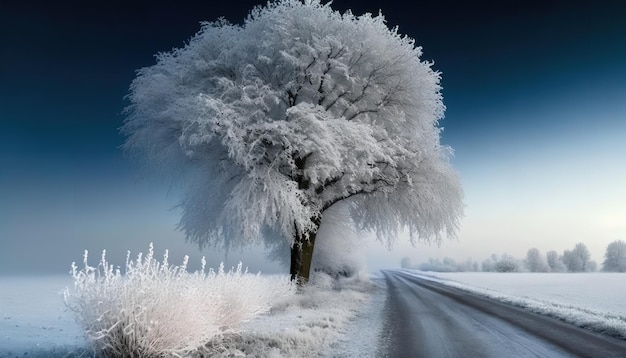 木が氷に覆われた雪道