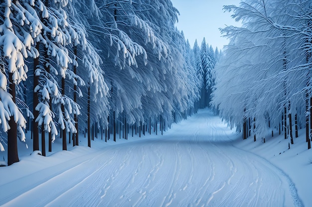 A snowy road with trees covered in snow