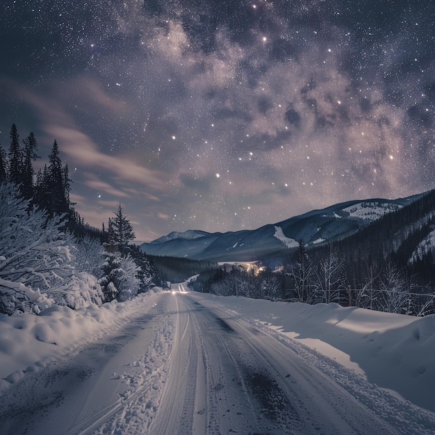 a snowy road with trees and stars in the sky