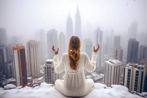 Snowy rooftop yoga