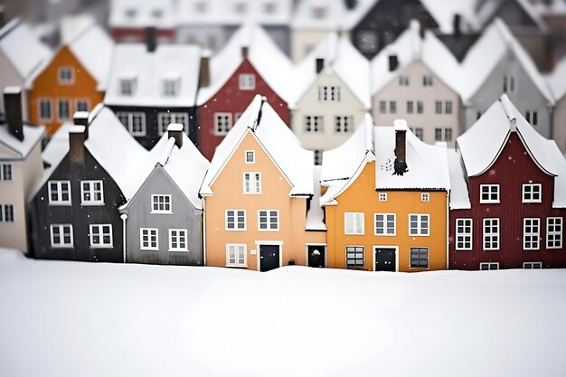 Snowy rooftops with colorful houses