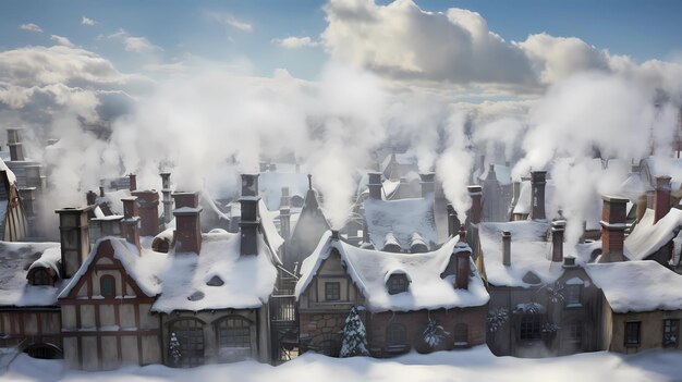 Snowy rooftops with smoke rising from chimneys