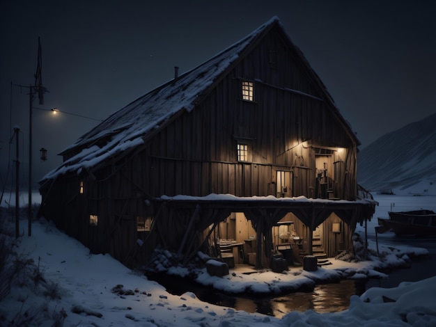 A snowy scene of a barn with a small body of water in the foreground.