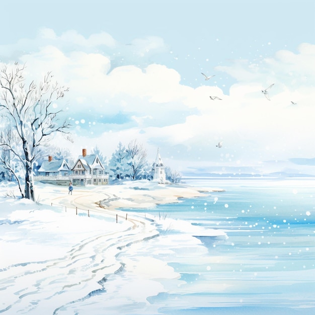 snowy scene of a beach with a house and a lighthouse generative ai