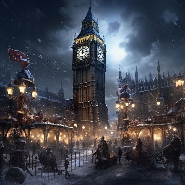 snowy scene of big ben clock tower in london at night generative ai