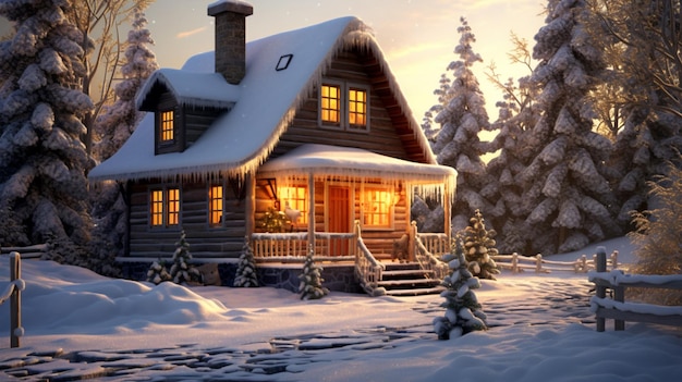 Snowy scene of a cabin with a lighted window and a snow covered yard generative ai