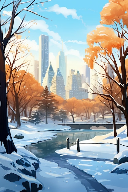snowy scene of a city park with a river and trees generative ai