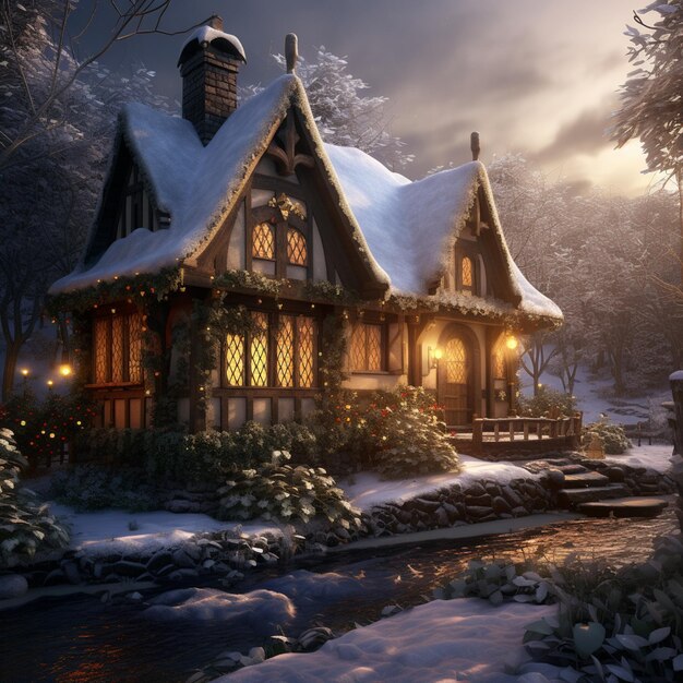 Snowy scene of a cottage with a stream and a lighted porch generative ai