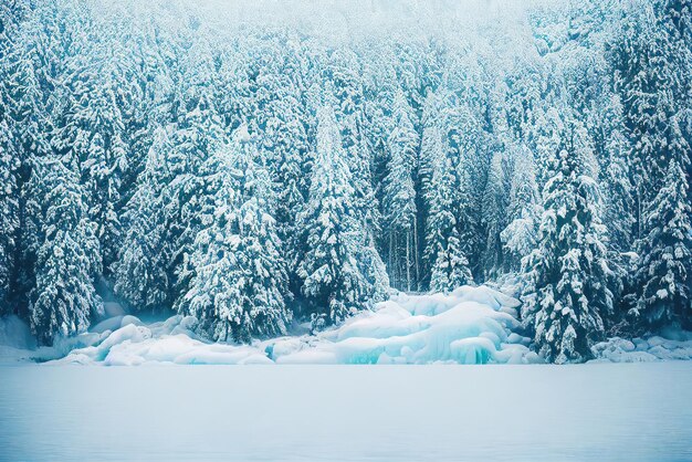 A snowy scene of a frozen lake with trees covered in snow.