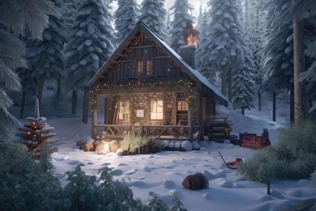 A snowy scene of a house in a snowy forest