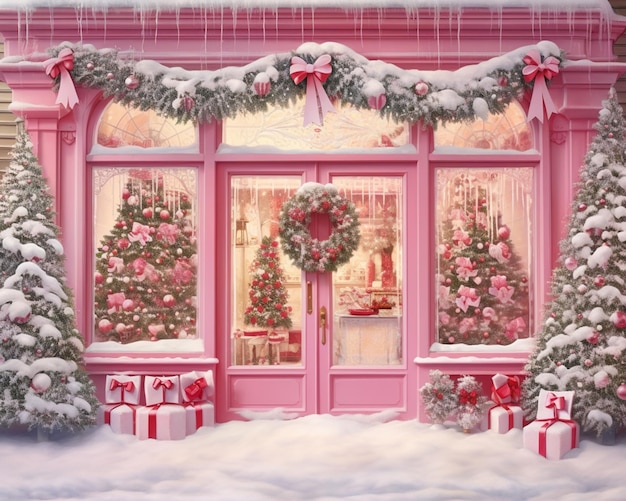 snowy scene of a pink storefront with christmas trees and presents generative ai