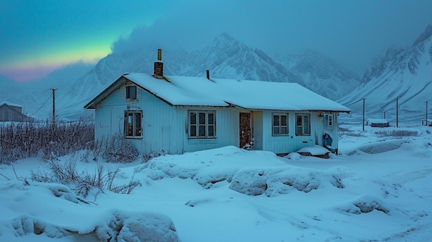 snowy scene of a small house in the middle of a mountain range generative ai