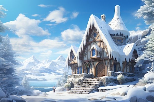 снежная сцена небольшого дома с большим количеством снега на крыше генеративный ай