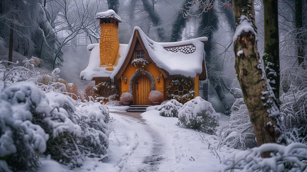 Photo snowy scene of a small yellow house in a forest generative ai