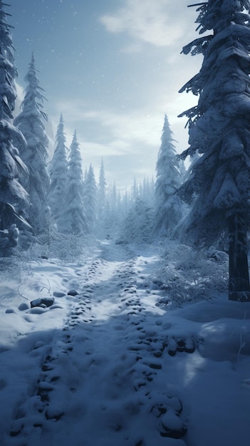 snowy scene of a snowy forest with a stream of water generative ai