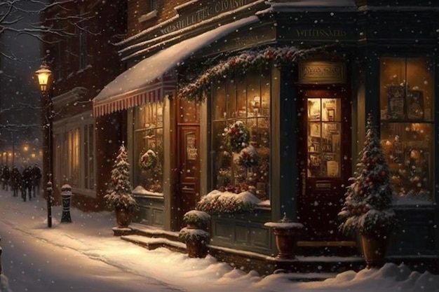 A snowy scene of a storefront in the snow.