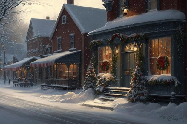 A snowy scene of a town with a wreath on the front