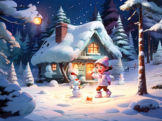 Фото Снежная сцена с девушкой и снеговиком перед домом